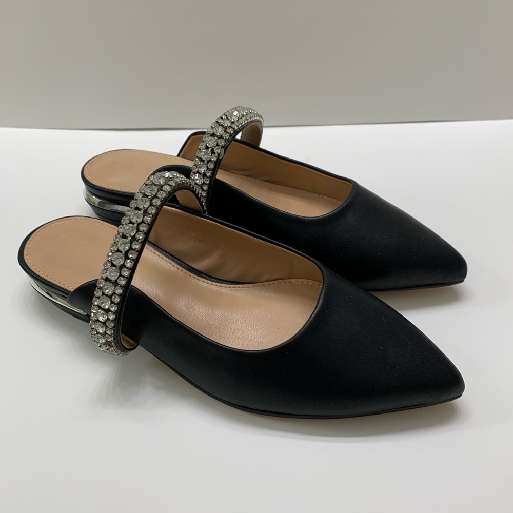 Elegant Black Women's Mules with Rhinestone Strap, Size 7, NWOT